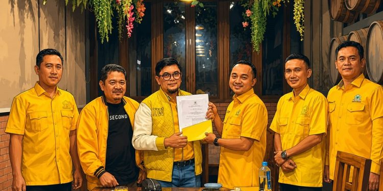 Ketua DPD Partai Golkar Kabupaten Tebo, Khalis Mustiko, menerima Surat Keputusan (SK) kepengurusan DPD Golkar Tebo masa bakti 2026–2031 dari Sekretaris DPD Partai Golkar Provinsi Jambi, Ivan Wirata, di Gudhas Village. (Dok: Rahmat)